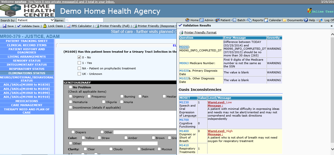 Home Health Centre Software - Oasis validation