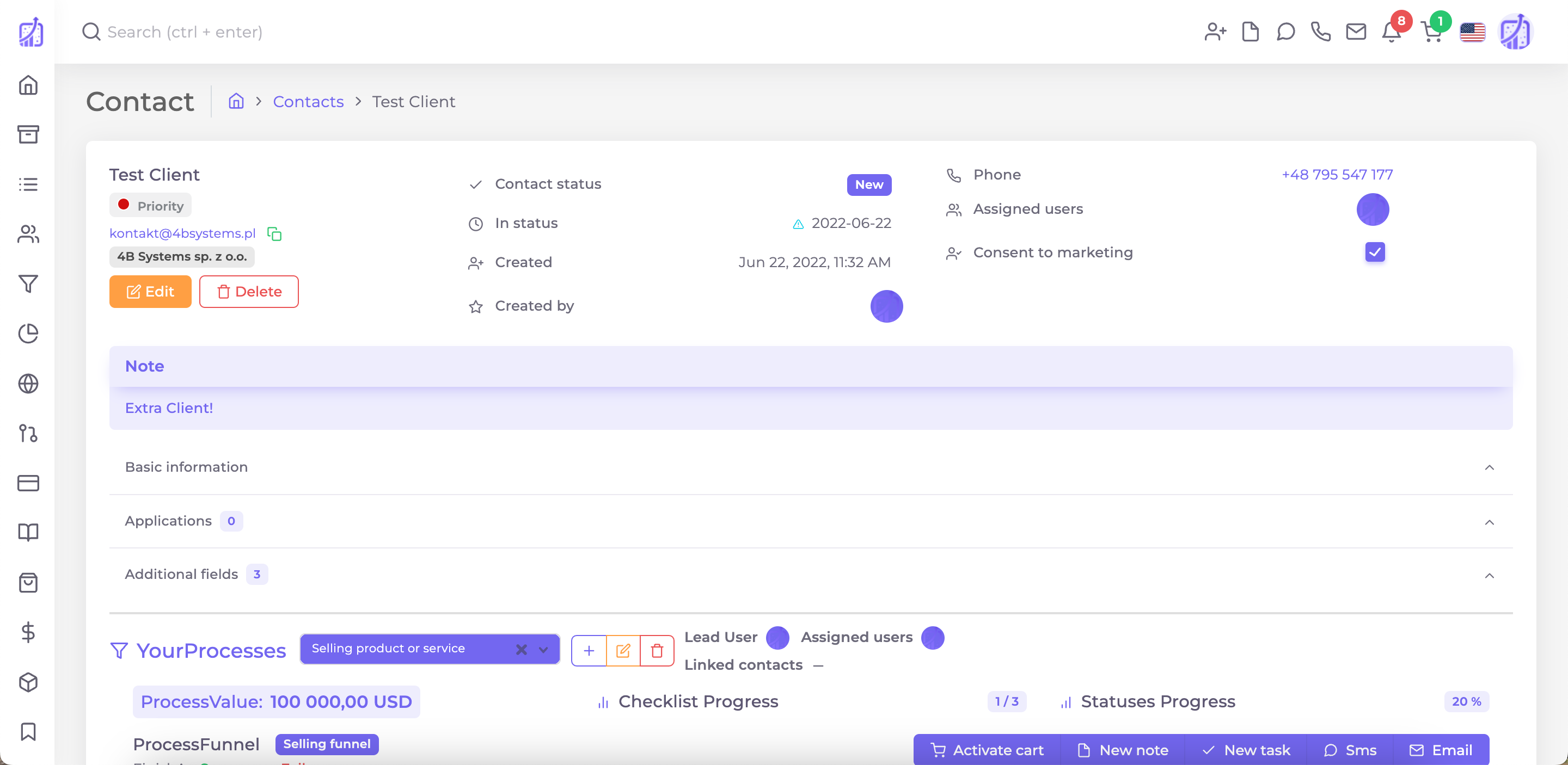 SalesWizard CRM screenshot: Contact dashboard