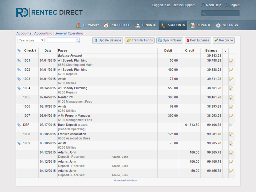 Bank account ledger