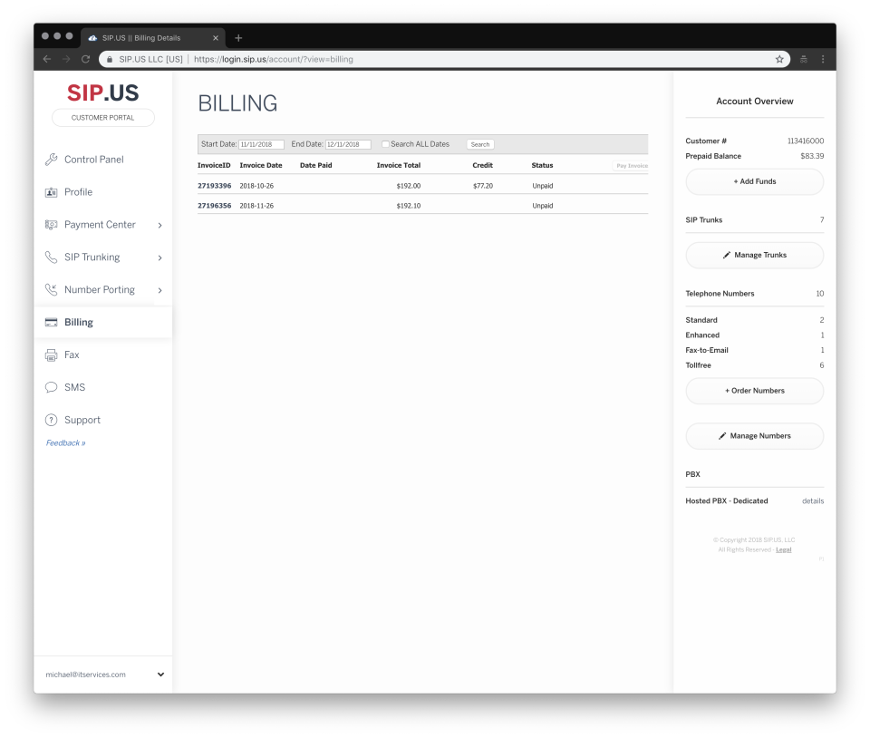 SIP.US screenshot: SIP.US billing screenshot