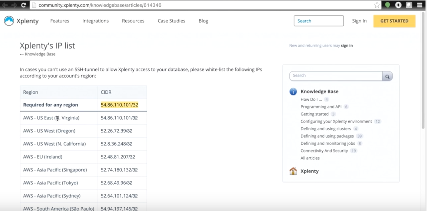 Review Xplenty's IP list from their knowledge base