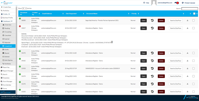 SigniFlow Software - Activity log: Every action taken with regard to a document in SigniFlow is recorded, time-stamped and made available in an audit log. Simply click on the '+'  icon next to the document in question to get a full audit log, which is also downloadable.