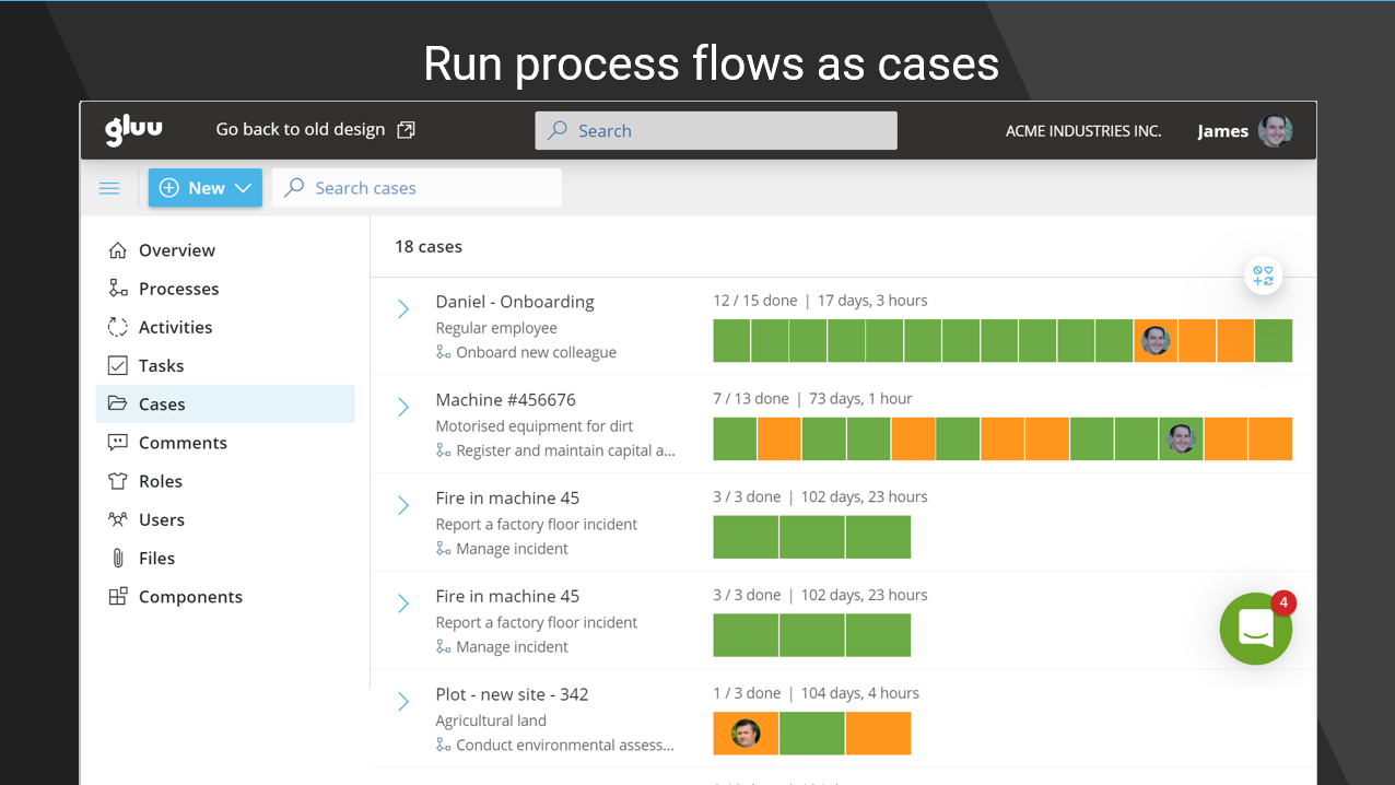 Gluu Software - Run cases from your processes and ensure that processes are executed each time across all roles.