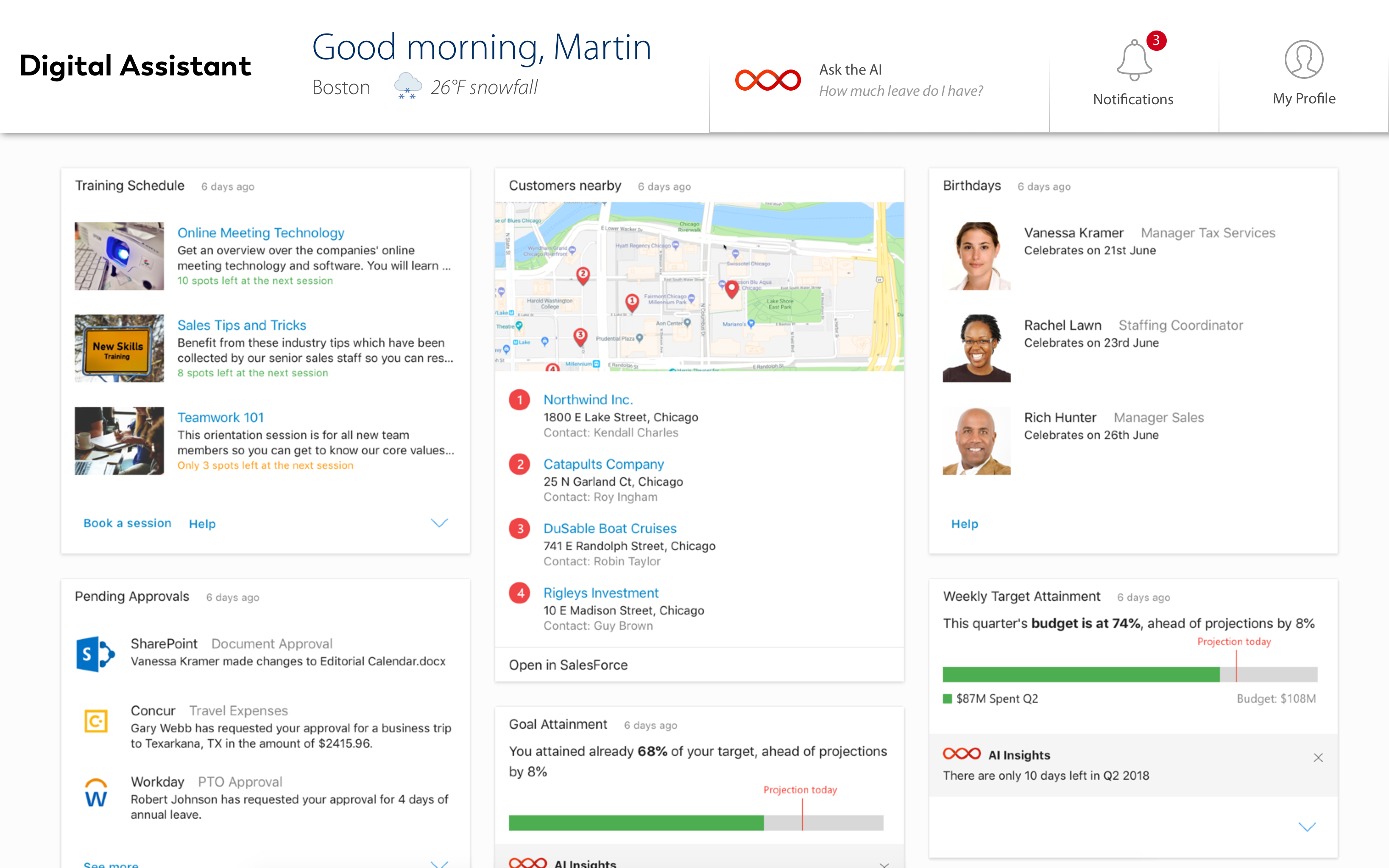 Digital Assistant's web application shows you up to date notifications from all your connected applications. Quickly ask the adenin AI anything to get a response or start a workflow, and pin Cards to your Board for an at-a-glance dashboard.