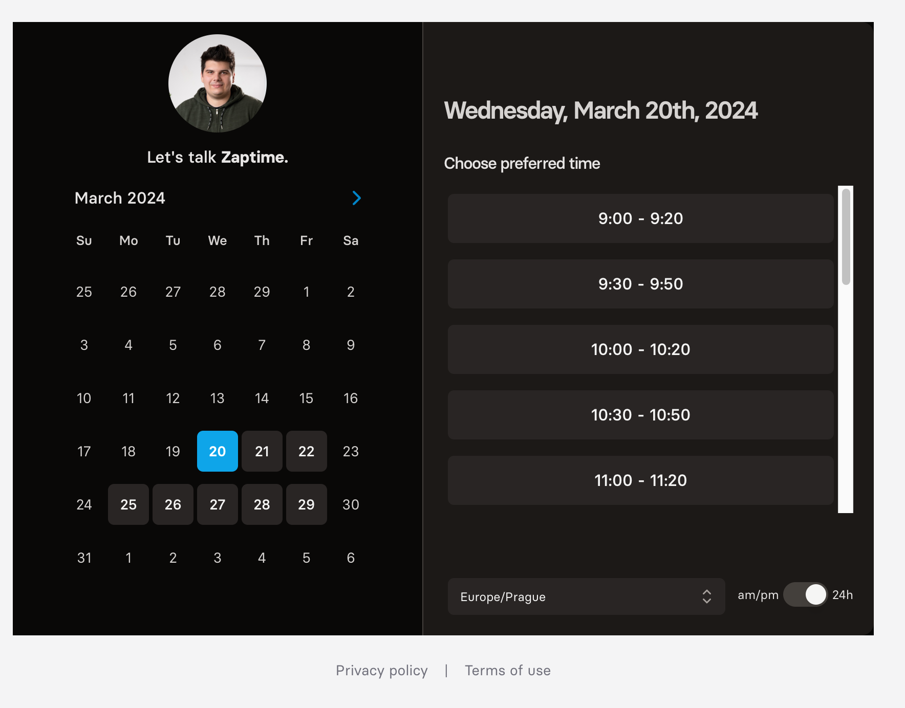 We provide Zaptime booking calendar in dark mode or light mode.