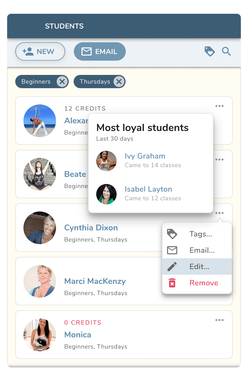 Organise & manage clients: Tags let you create groups of clients. Group emailing without complication lets you send out targeted emails in seconds. Student notes & history, Stats & insights put you fully in control of your client list.