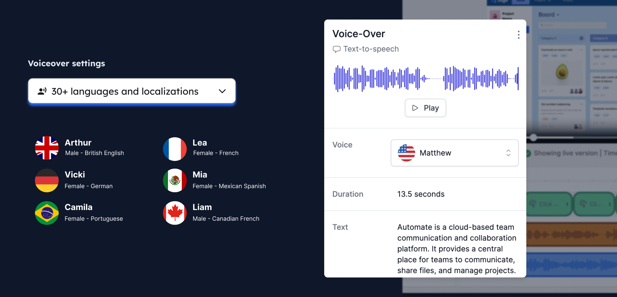 No mics, video camera or expensive recording equipment. Add text-to-speech voiceover and choose from over 30 voices in different languages and dialects. 