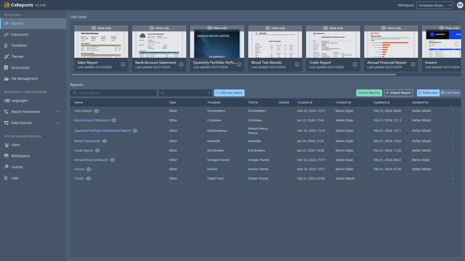 CxReports screenshot: Home page - Main menu, Recently used reports, and list of all created reports
