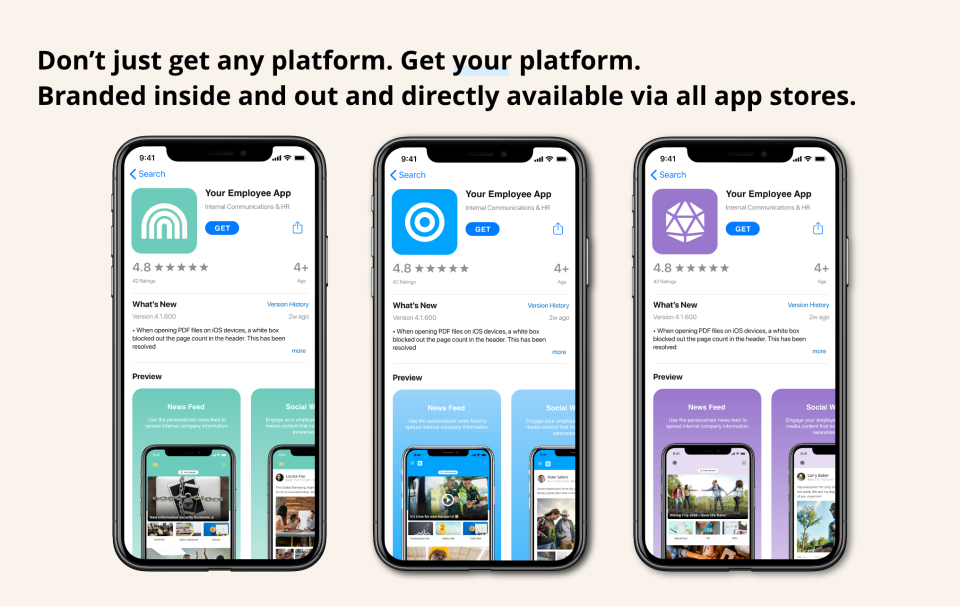 Personalize every detail of your Staffbase platform from colors and icons, to your app name. Employees download the app directly in the app stores—no email addresses or private telephone numbers required.-thumb
