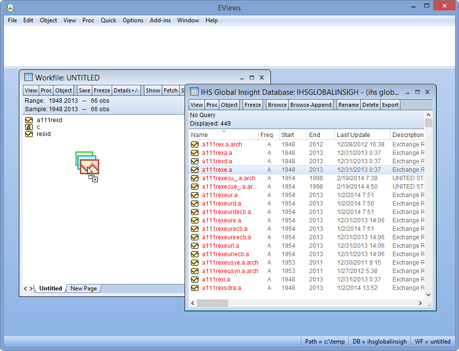 EViews screenshot: EViews drag-and-drop interface