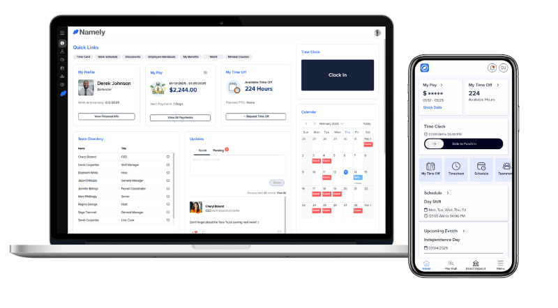 Namely Software - Namely Employee Dashboard: Namely Employee Dashboard: Your central hub to access payroll and benefits info, share announcements, celebrate milestones, and navigate everything HR—whether you're at your desk or on the go.