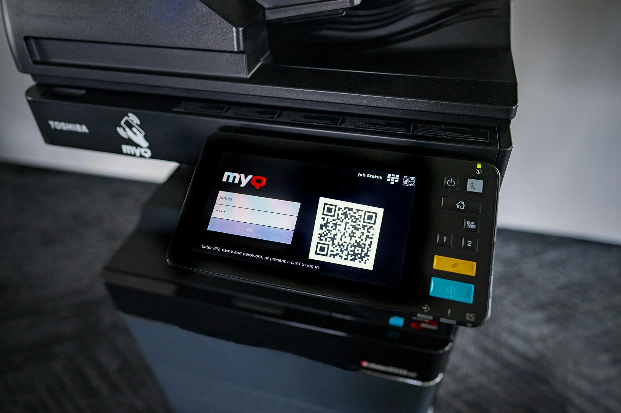 MyQ X Software - To log in, users can authentication with an ID card, PIN, password, or via the QR code using the MyQ X mobile app.The dynamic QR code enables a secure, hands-free login into the printer.