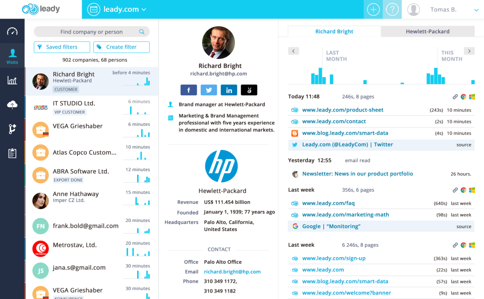 Leady screenshot: Gain 360-degree view on a prospects life cycle in real time, with rich data on visitors