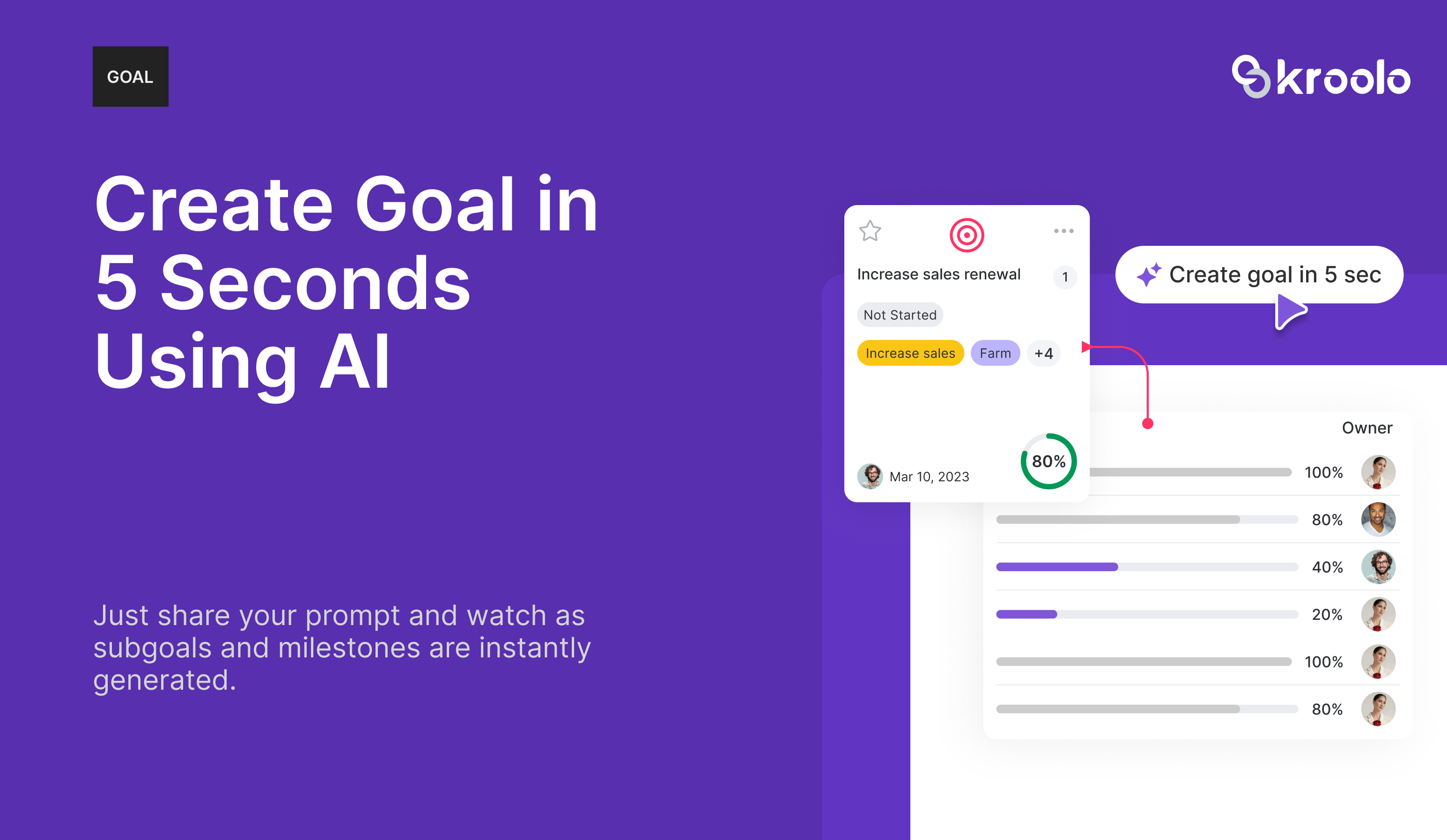 Goals - Create a goal / OKRs in less than 5 seconds with Kroolo. Just define your prompt and Goal OKRs gets instantly generated. You can create personal or team goals. 
