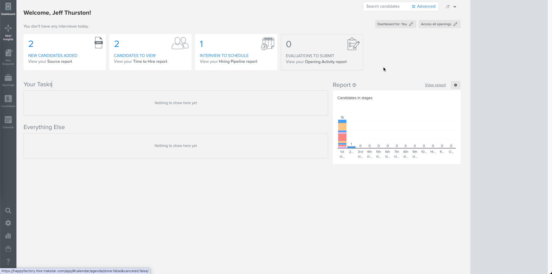 Trakstar Hire Software - Centralized Hiring Dashboard - The Mitratech Hire Dashboard gives recruiters a clear view of new candidates, interviews, and pending tasks in one place.