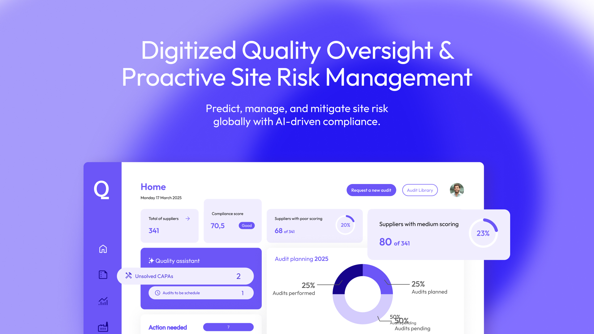 Qualifyze screenshot: Digitized Quality Oversight and Proactive Site Risk Management
A centralized quality command center that turns supplier data into actionable insights for proactive, AI driven risk management.