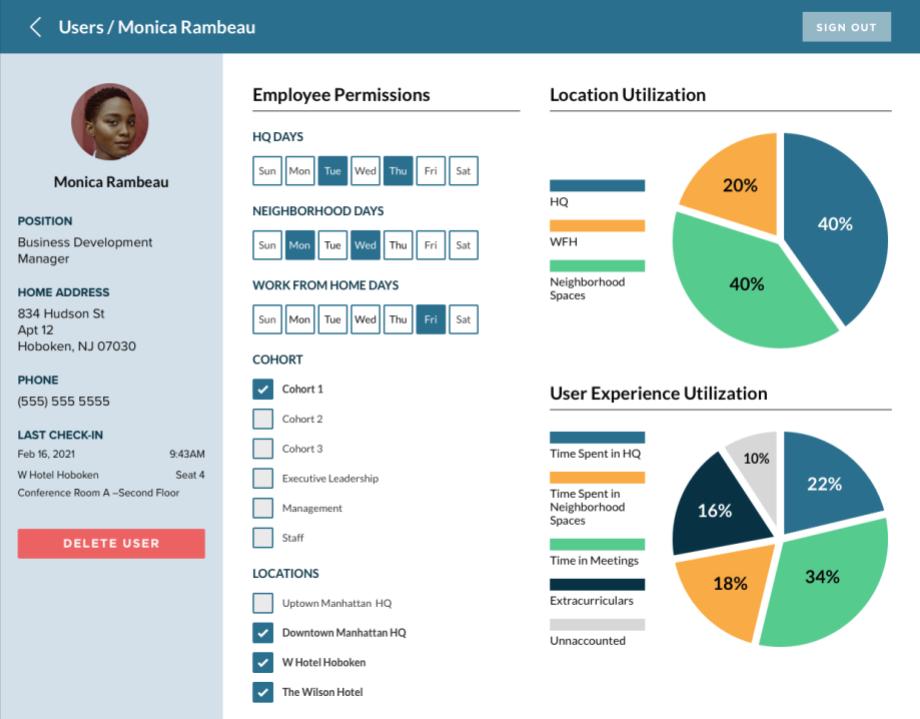 REKalibrate screenshot: Employees can navigate new choices, rules, and experiences. Book spaces (hoteling) and coordinate meetings with colleagues as well as connect with coworkers while supporting company culture initiatives.
