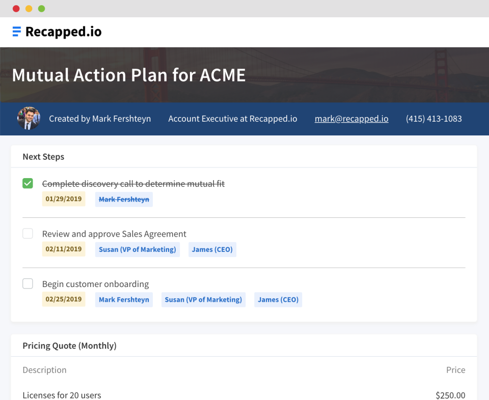 Recapped.io: next steps check-list screenshot