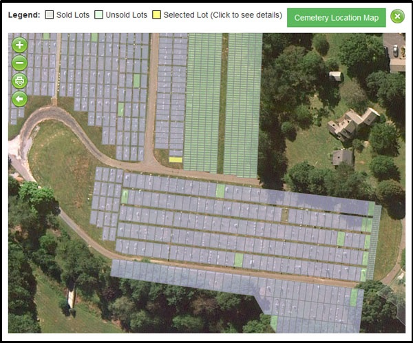 CemeteryFind Software - Color-coding on cemetery maps allows users to identify empty lots for sale