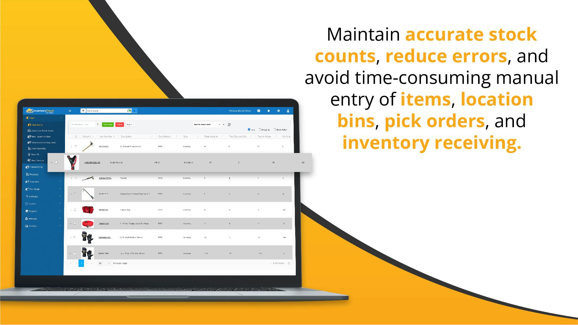 InventoryCloud Software - Maintain accurate stock counts, reduce errors, and avoid time-consuming manual entry of items, location bins, pick orders, and inventory receiving