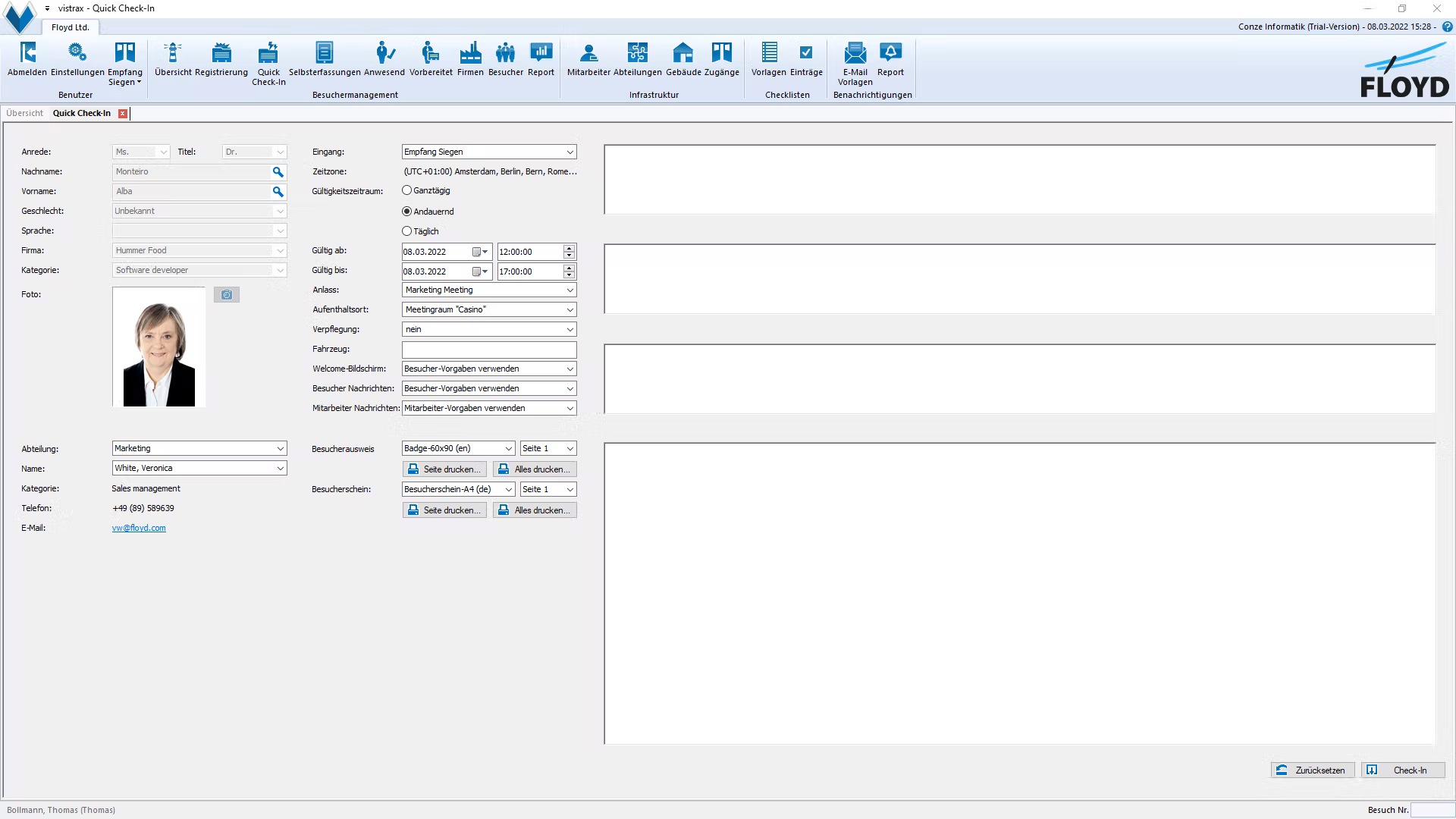 vistrax screenshot: Quick Check-In