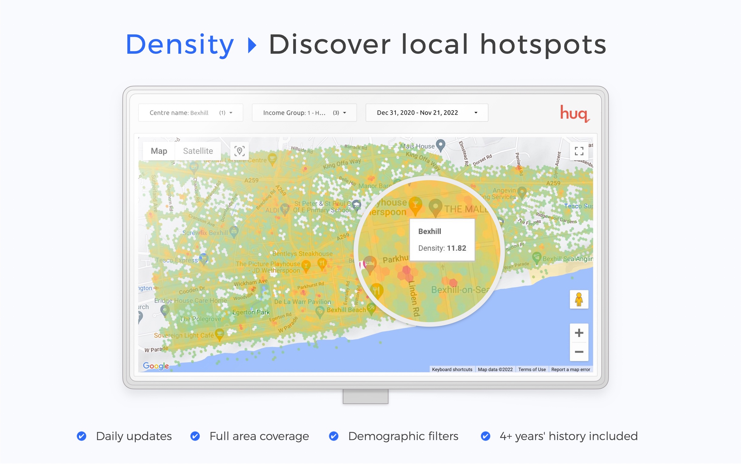 Density monitoring is a visualisation of pedestrian flows and hotspots across whole towns, streets and centres. Density maps are updated daily. Find the most popular parts of towns, streets and green spaces with visitor density monitoring.