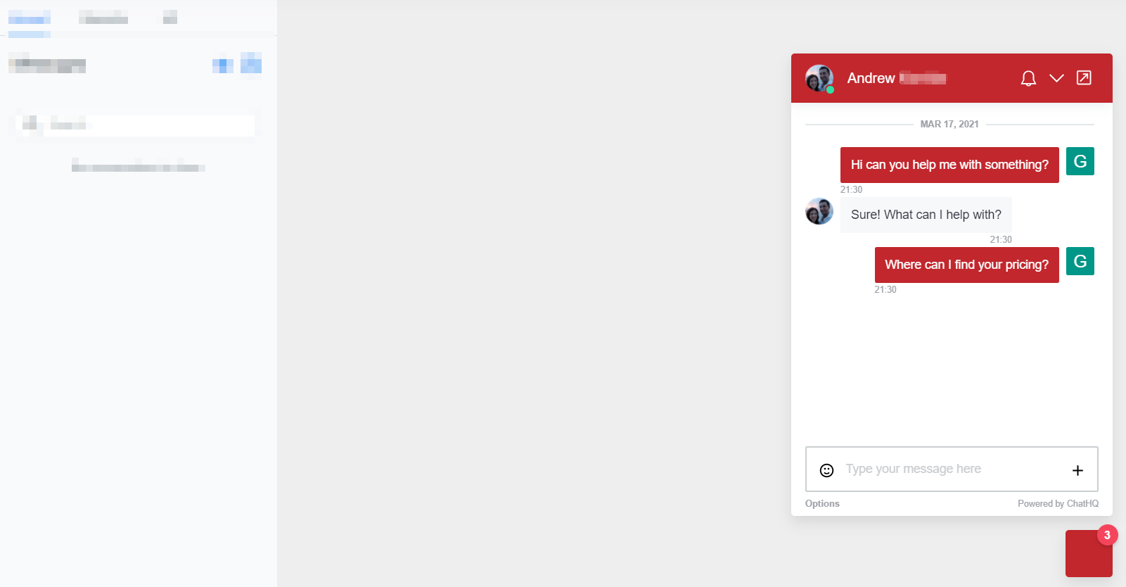 ChatHQ screenshot: ChatHQ live chat window