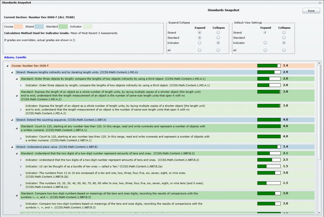 TeacherPlus Gradebook Software - TeacherPlus Gradebook standards snapshot