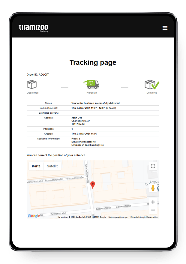 tiramizoo Last Mile Master Software - Recipient tracking page: With every delivery recipients are in control. Based on your settings recipients are automatically informed about the delivery process in real-time, all the time.