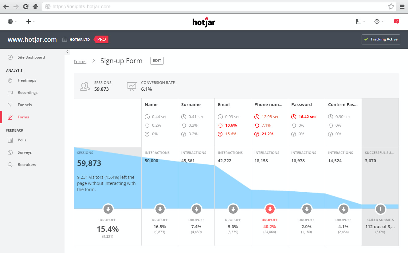 Hotjar's online form reporting