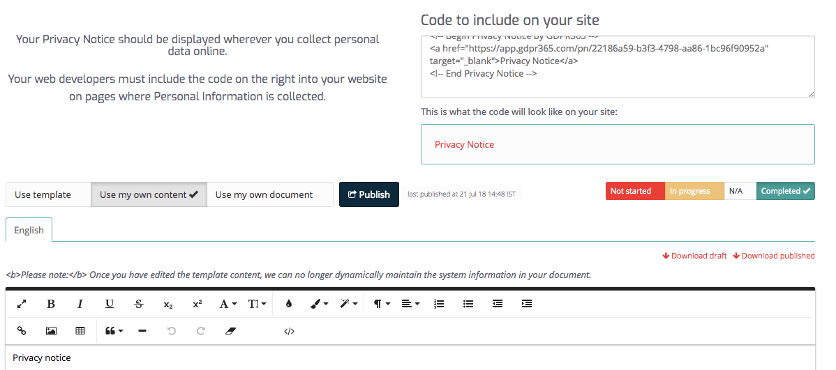 PrivIQ screenshot: Organizations can use templates, their own content, or existing documents for their privacy notice