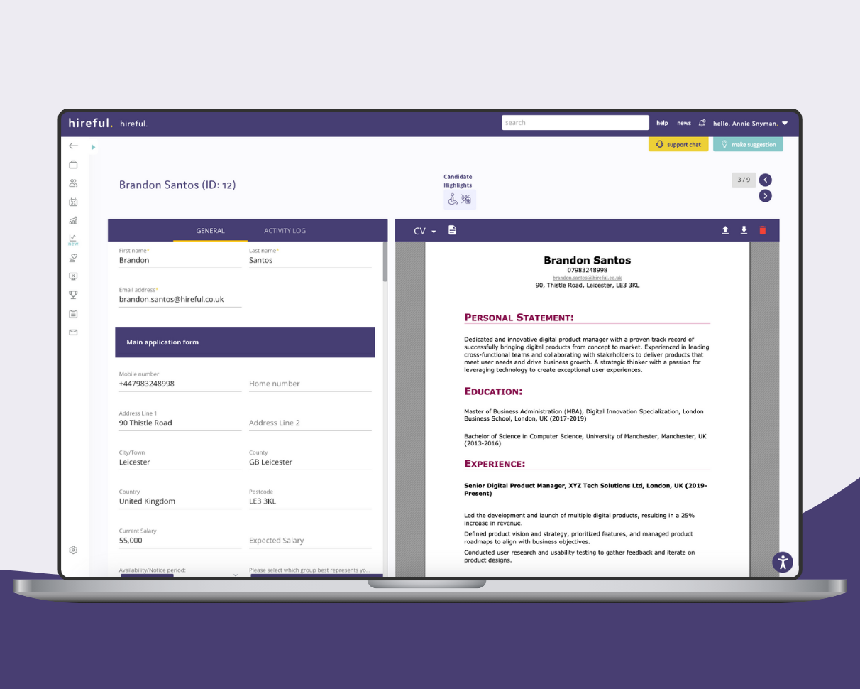 hireful Software - Applicant record view showing application form answers and CV.