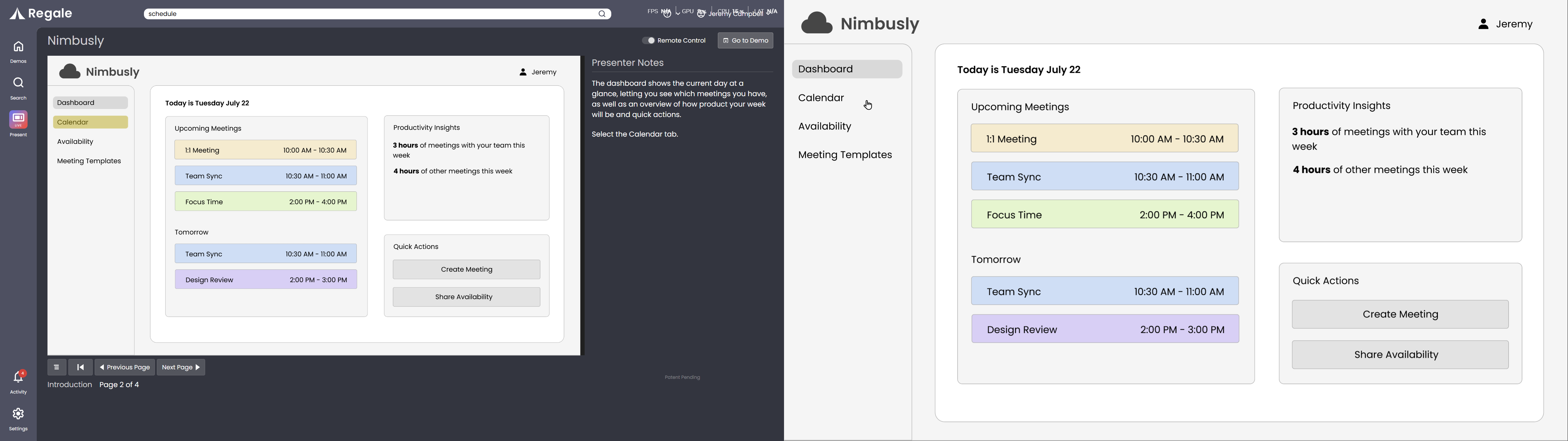 Regale Software - The unique 2-screen experience let's sellers have their private view on one screen and a clean full-screen demo to share with customers over Teams or Zoom.
