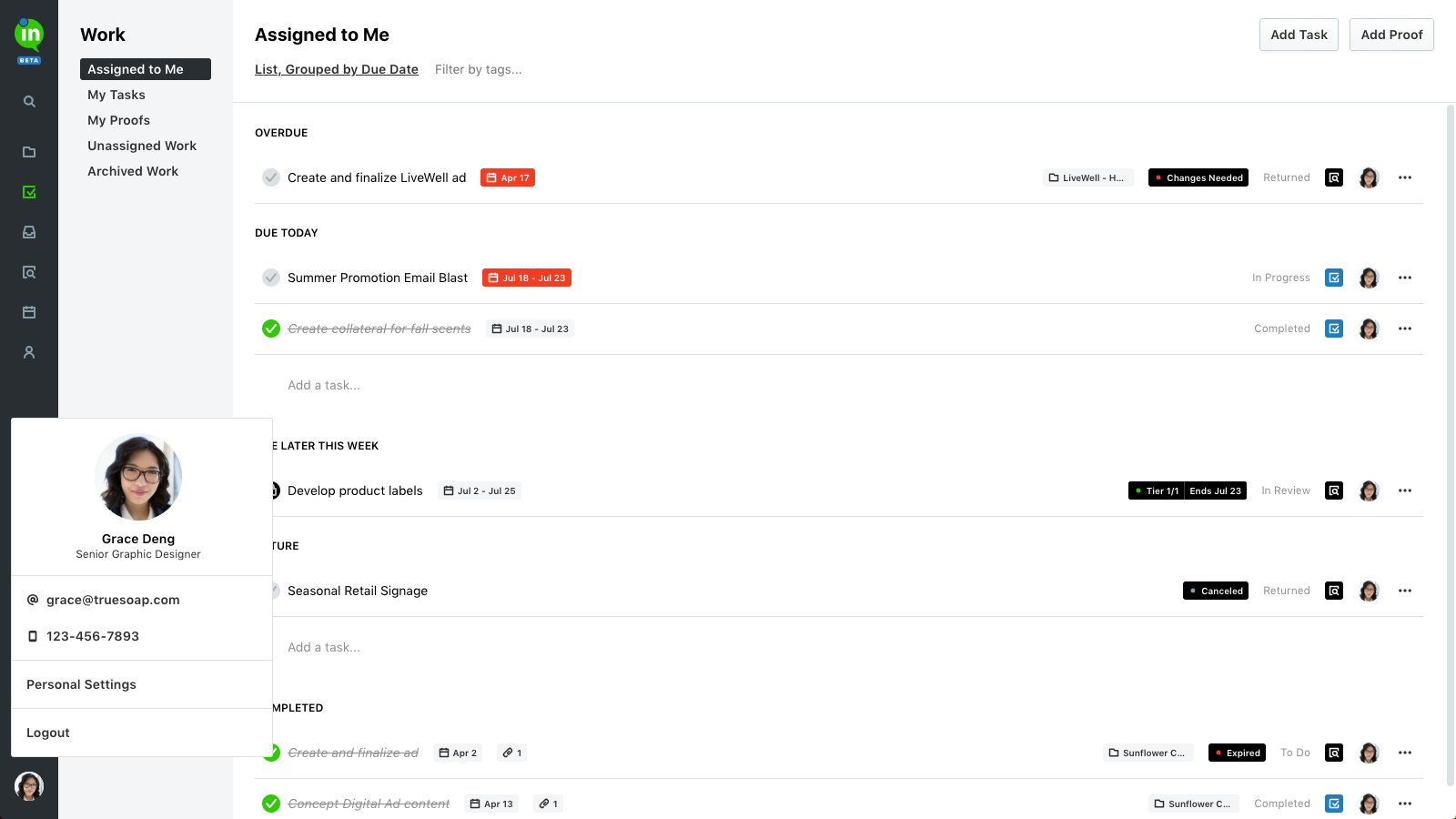 The work view allows you to easily see any work that is upcoming, overdue, and already completed. Custom views and filters allow you to segment your work however you need. You can check off an item to complete it, or add new ones at the touch of a button!