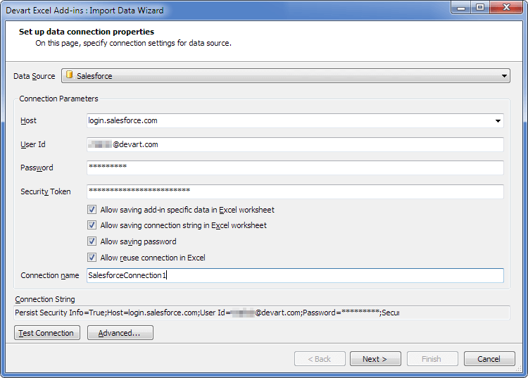 Excel Add-ins screenshot: Excel Add-ins set up data connection properties