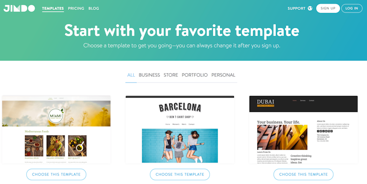 Jimdo screenshot: Choose a template to get started with