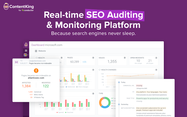 ContentKing screenshot: ContentKing: Real-time SEO Auditing & Monitoring Platform. Because search engines never sleep.