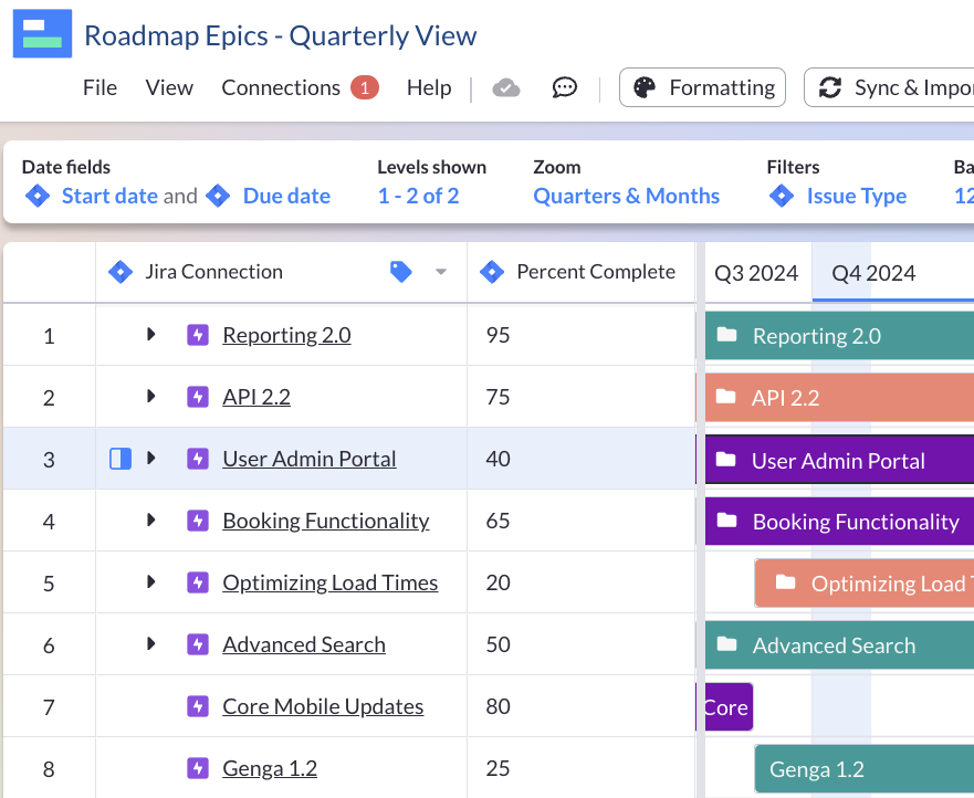 Visor screenshot: An epic roadmap in Visor, created using Jira data. In Visor you can visualize multiple projects, and portfolios, using live data from your apps like Jira. You can customize the levels of task shown in any visualization.