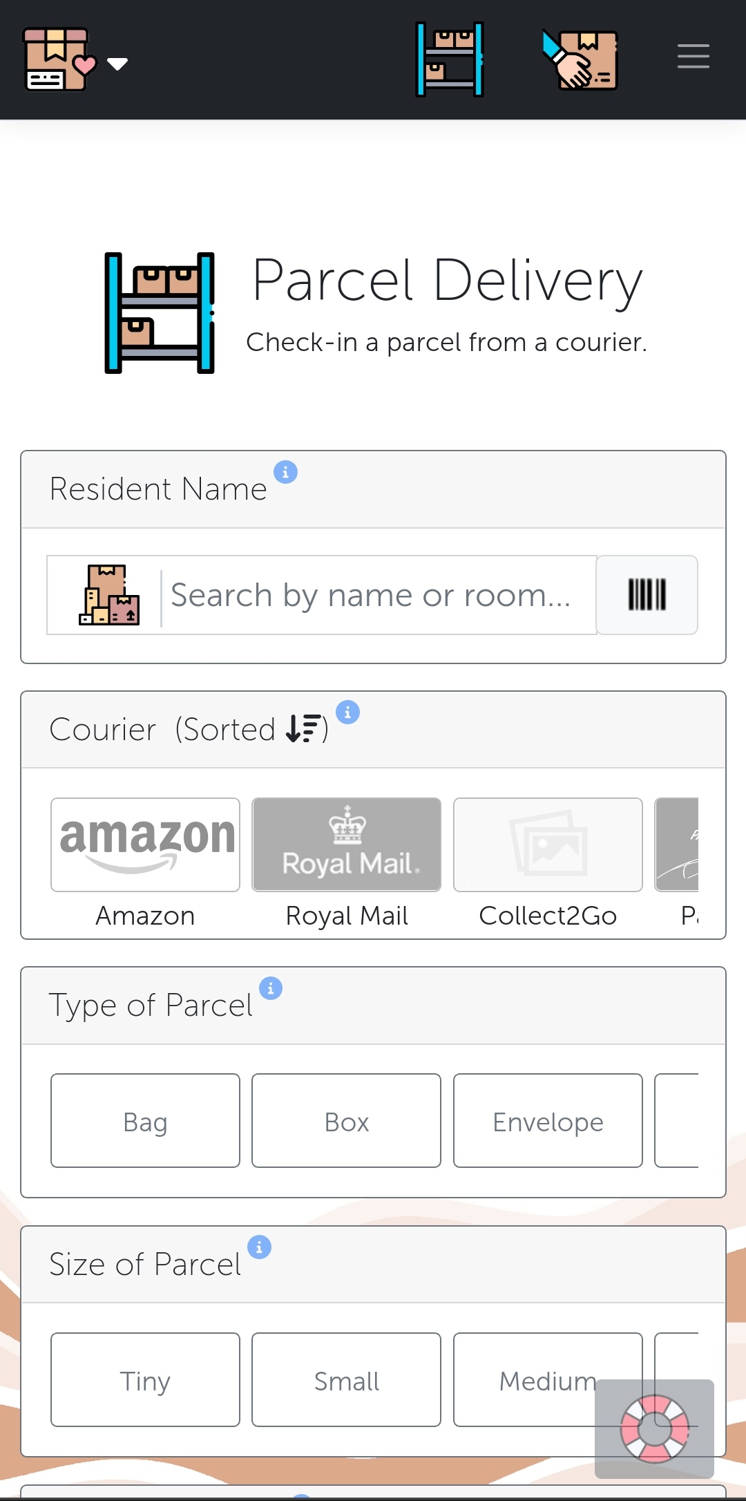 Choose to type the name to search your database or simply scan the parcel's label. Choose to collect further details on the parcel & courier to help you find the parcel on collection.