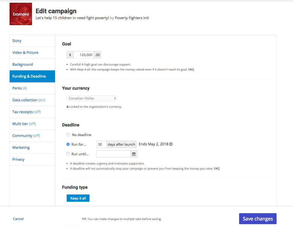 The campaign editor enables users to manage goals, funding, currencies and deadlines
