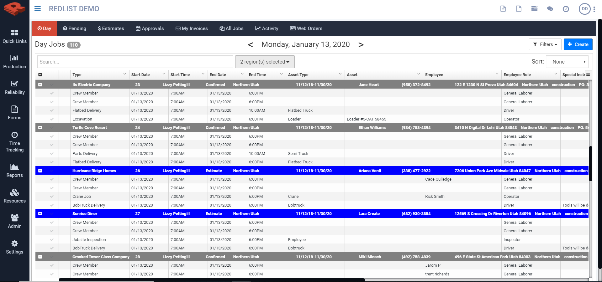 Production work orders jobs list - web