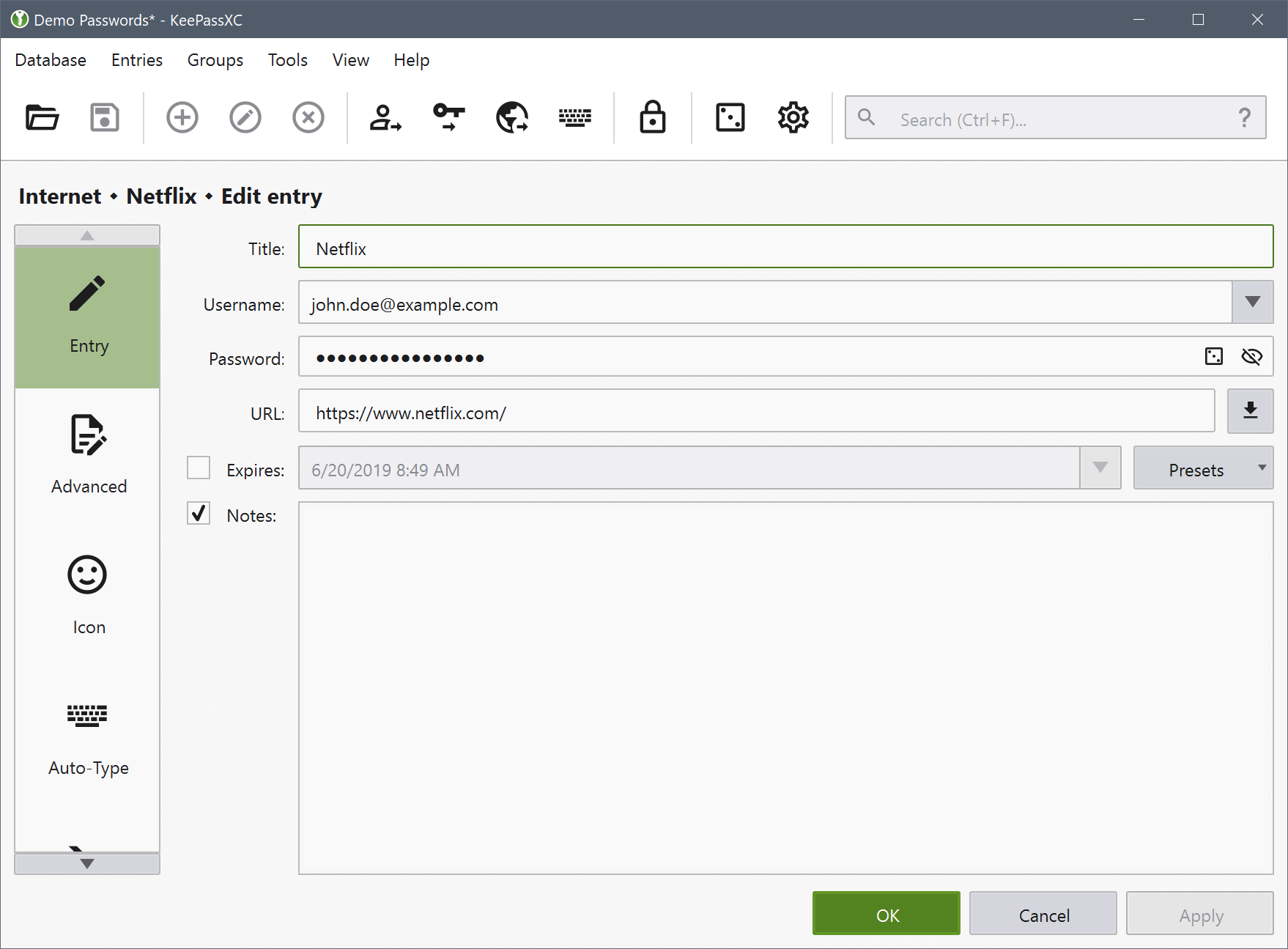 KeePassXC screenshot: KeePassXC create entries