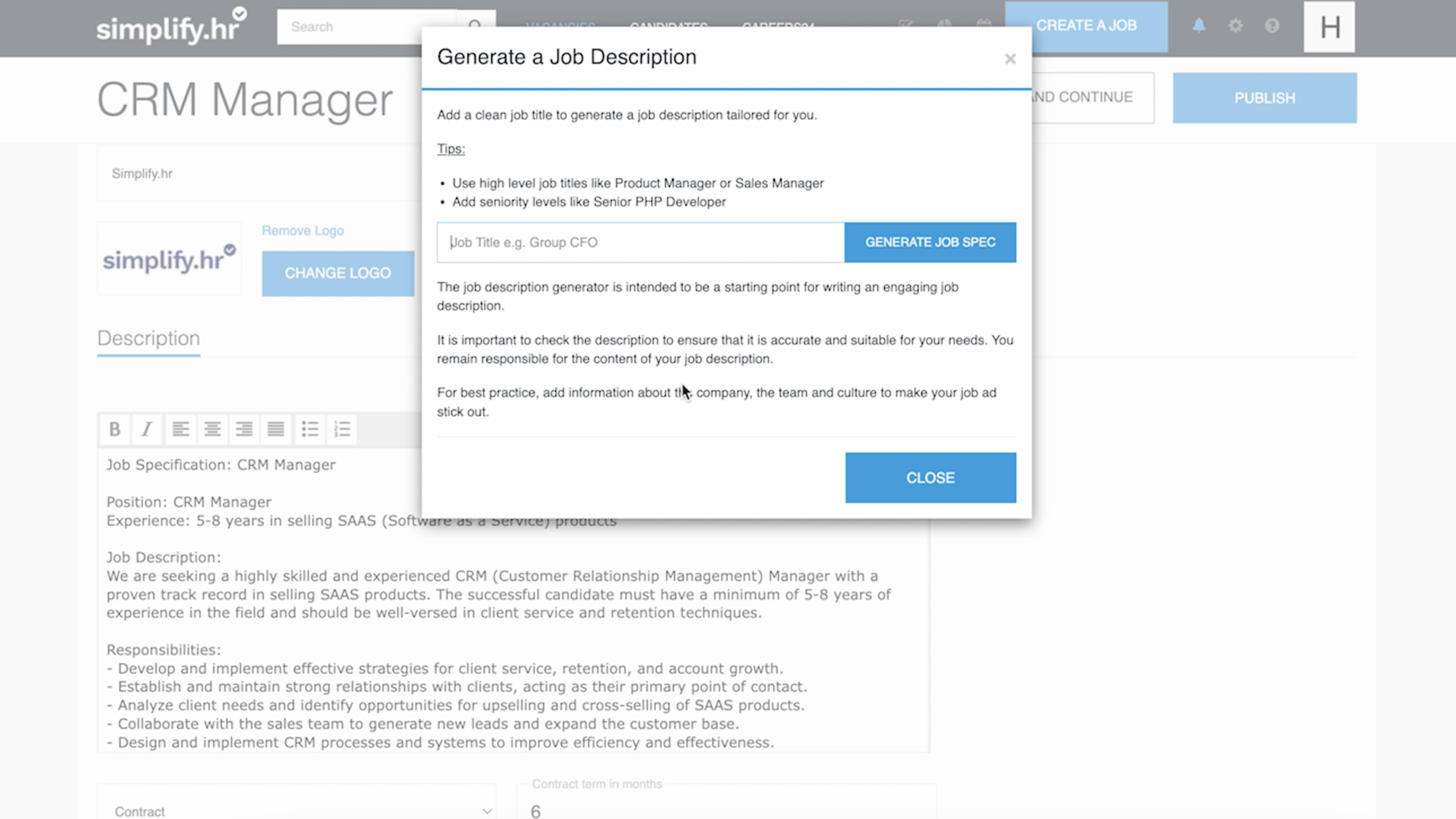 Simplify screenshot: Simplify job creation