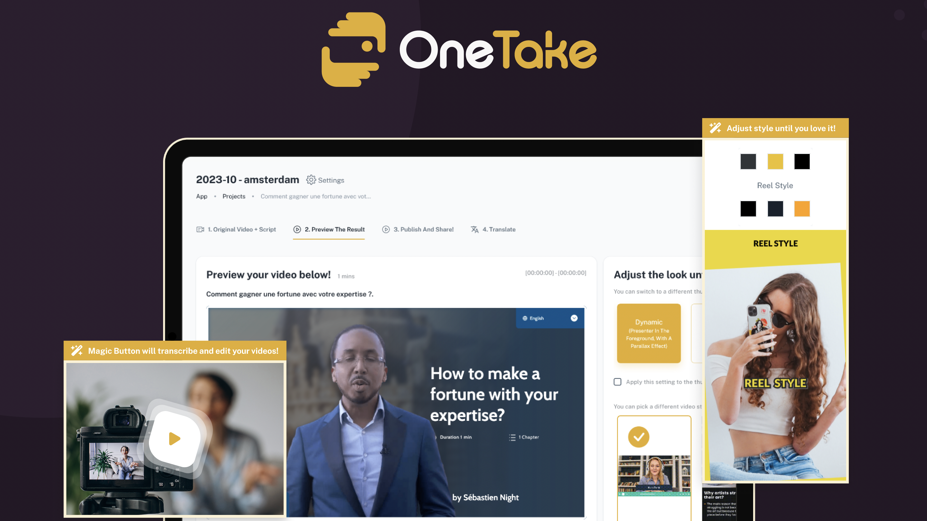 OneTake AI screenshot: OneTake AI is an autonomous video editor: Turn raw footage into captivating presentations effortlessly with just one click of our revolutionary "Magic Button." No more wasting time and energy on tedious video editing tasks.