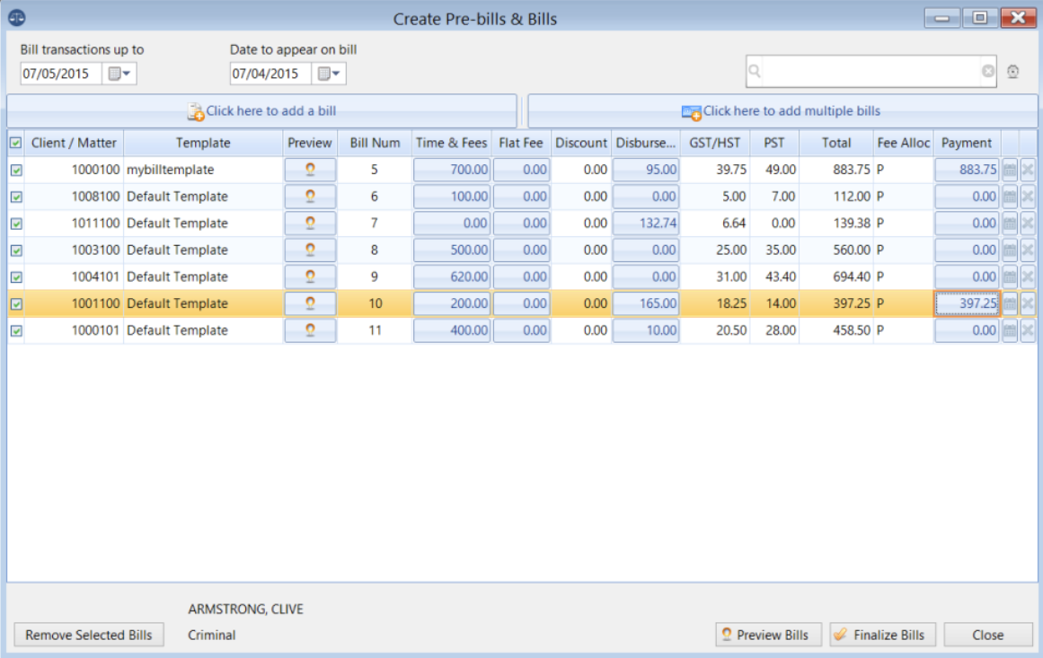 Unity Accounting screenshot: Unity Accounting create bills