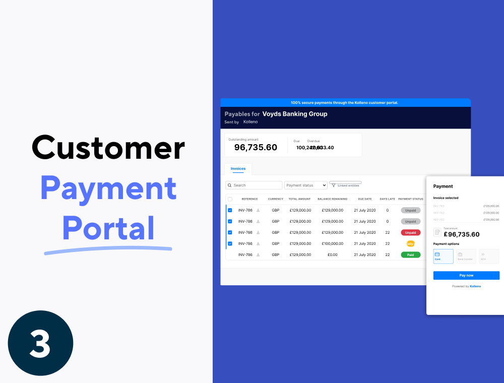 The best way to get paid is by making it easy for your customers to do so. We provide you a tailored customer portal where your clients can pay their invoices directly through a variety of payment methods. Neat!