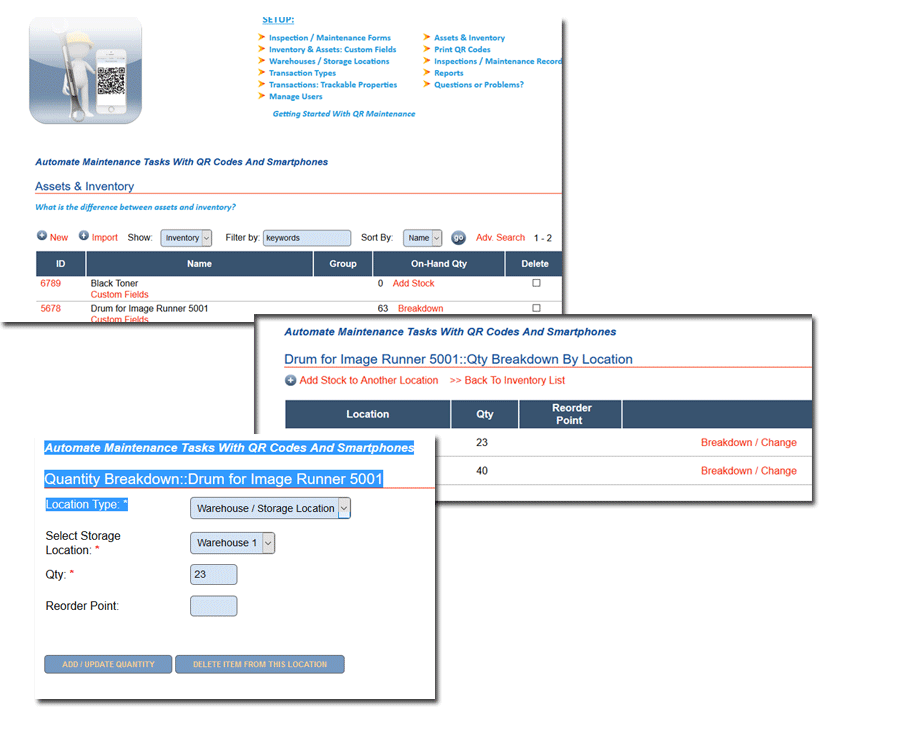 QR Maintenance Software - Manage assets and forms via the web interface