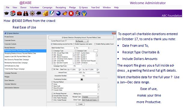 @EASE screenshot: Users can export all donation data at any time