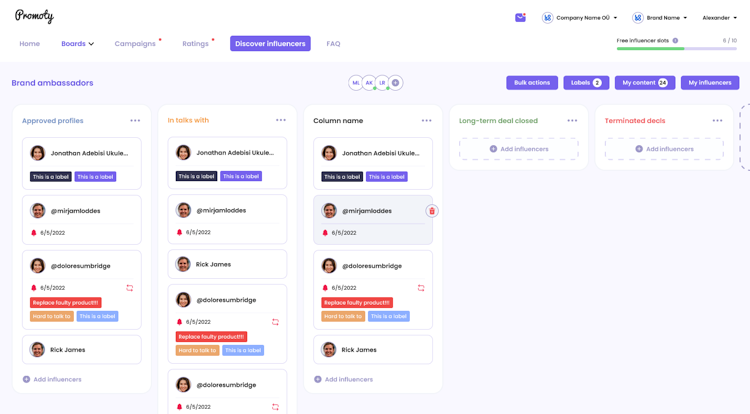 Promoty screenshot: Influencer CRM allows you to manage all your influencers, collaborations, chats, and branded content in one place