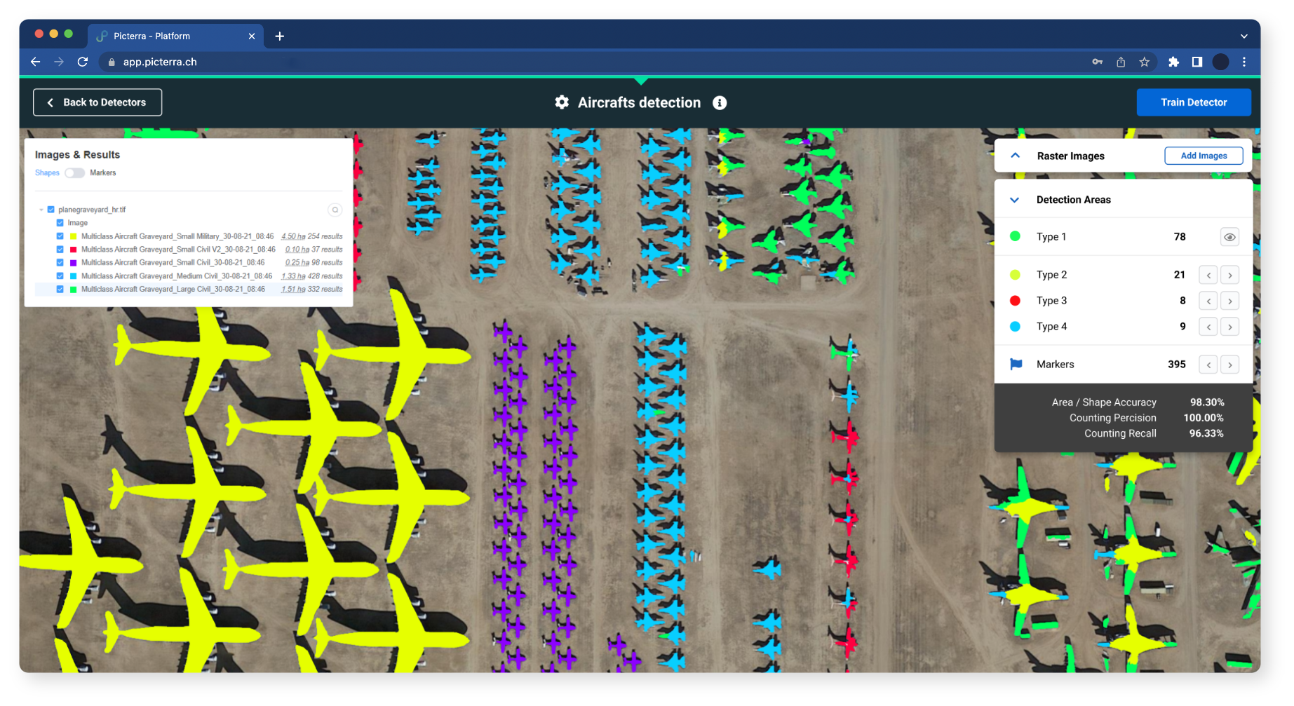 Picterra screenshot: Aircraft multi-class detection